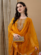 Embroidered & Bandhani Printed Flared Kurta With Pant & Printed Dupatta, Mustard - Hiral Fashion - Distacart