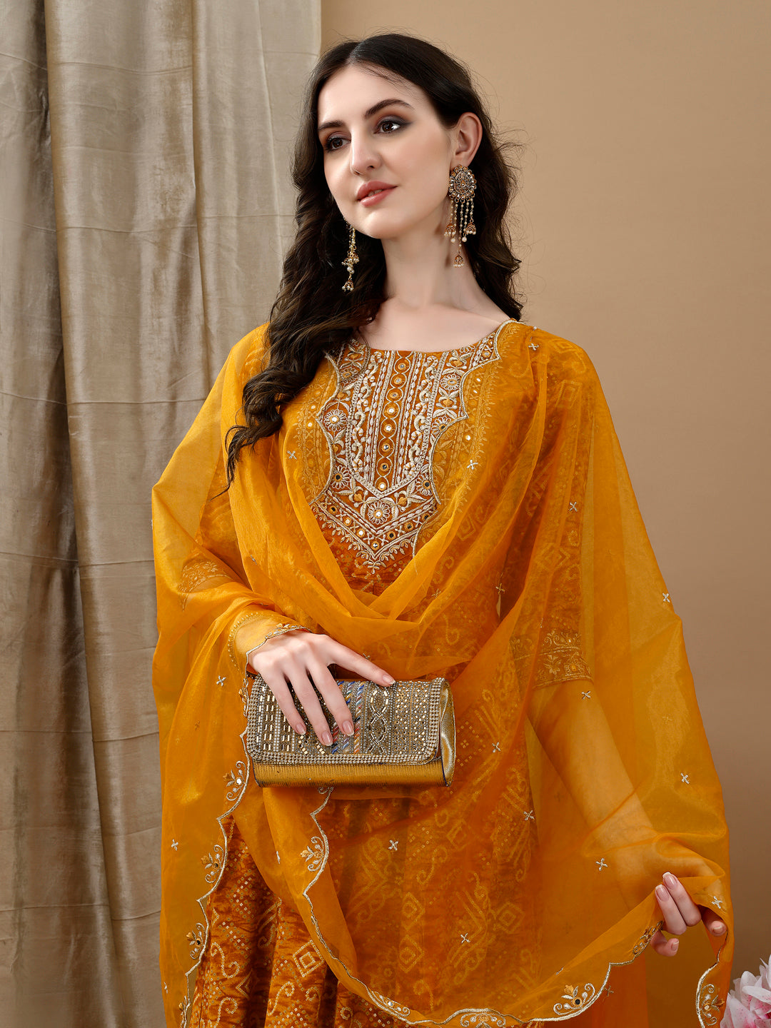 Embroidered & Bandhani Printed Flared Kurta With Pant & Printed Dupatta, Mustard - Hiral Fashion - Distacart