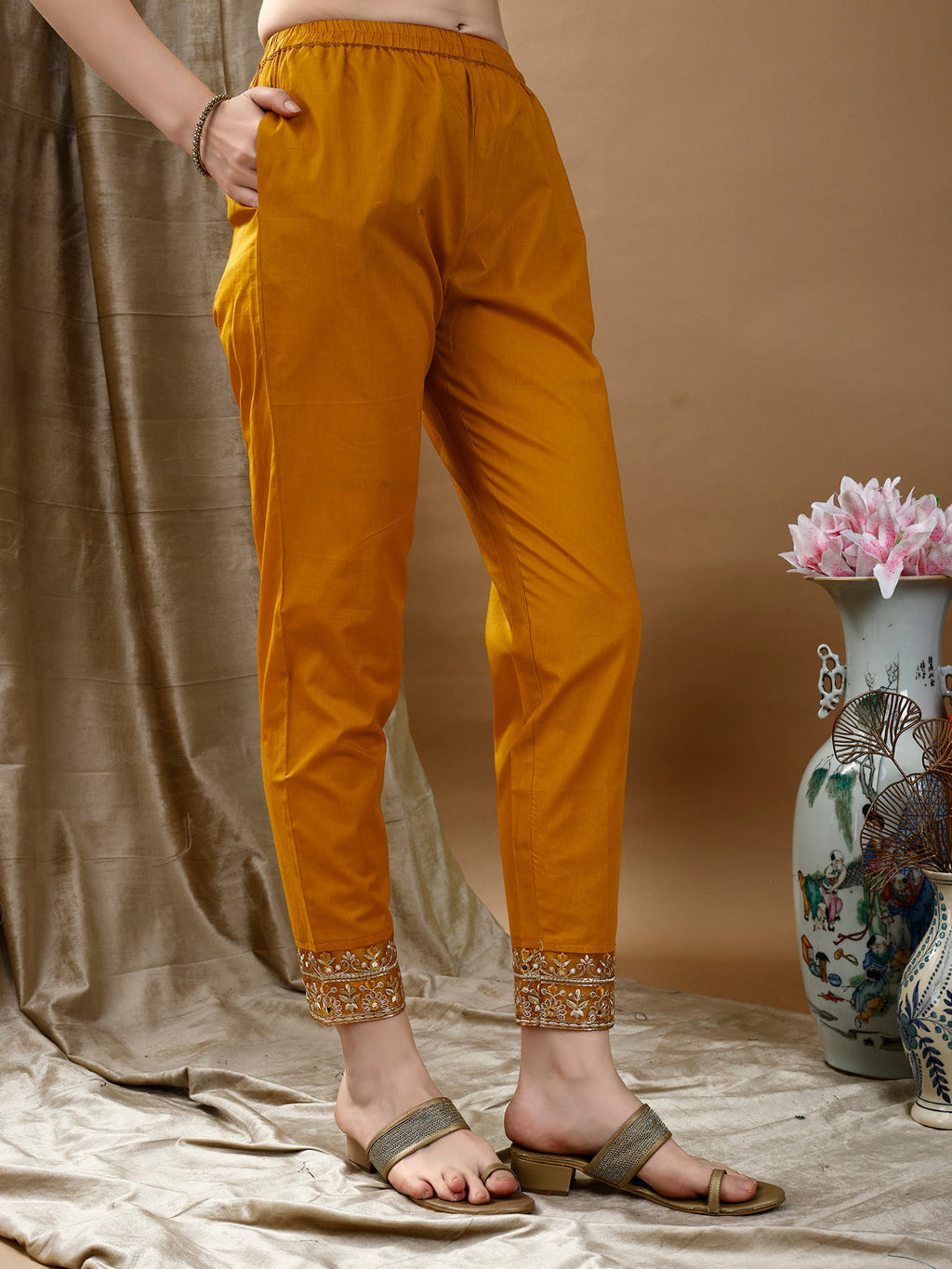 Embroidered & Bandhani Printed Flared Kurta With Pant & Printed Dupatta, Mustard - Hiral Fashion - Distacart