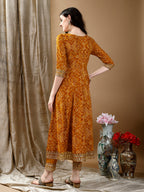 Embroidered & Bandhani Printed Flared Kurta With Pant & Printed Dupatta, Mustard - Hiral Fashion - Distacart