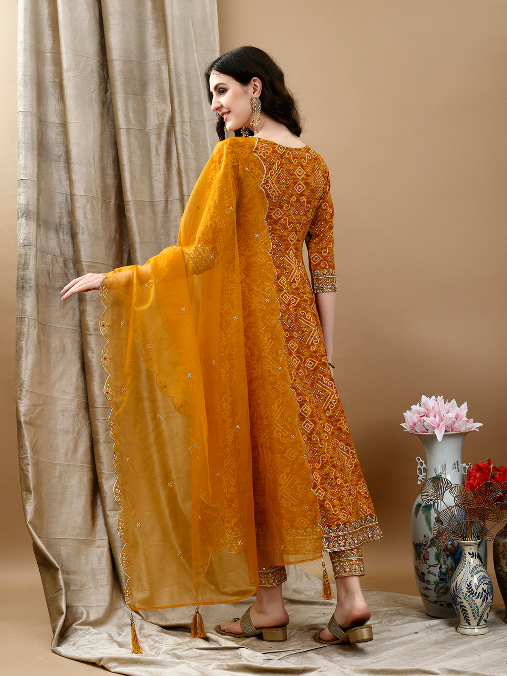 Embroidered & Bandhani Printed Flared Kurta With Pant & Printed Dupatta, Mustard - Hiral Fashion - Distacart