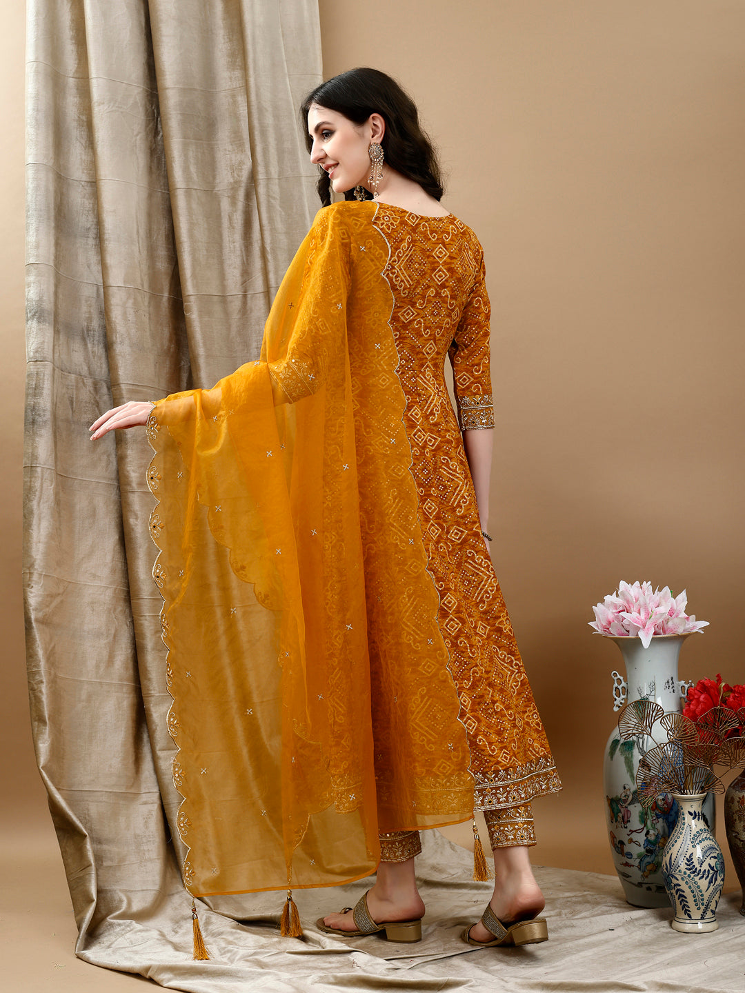 Embroidered & Bandhani Printed Flared Kurta With Pant & Printed Dupatta, Mustard - Hiral Fashion - Distacart