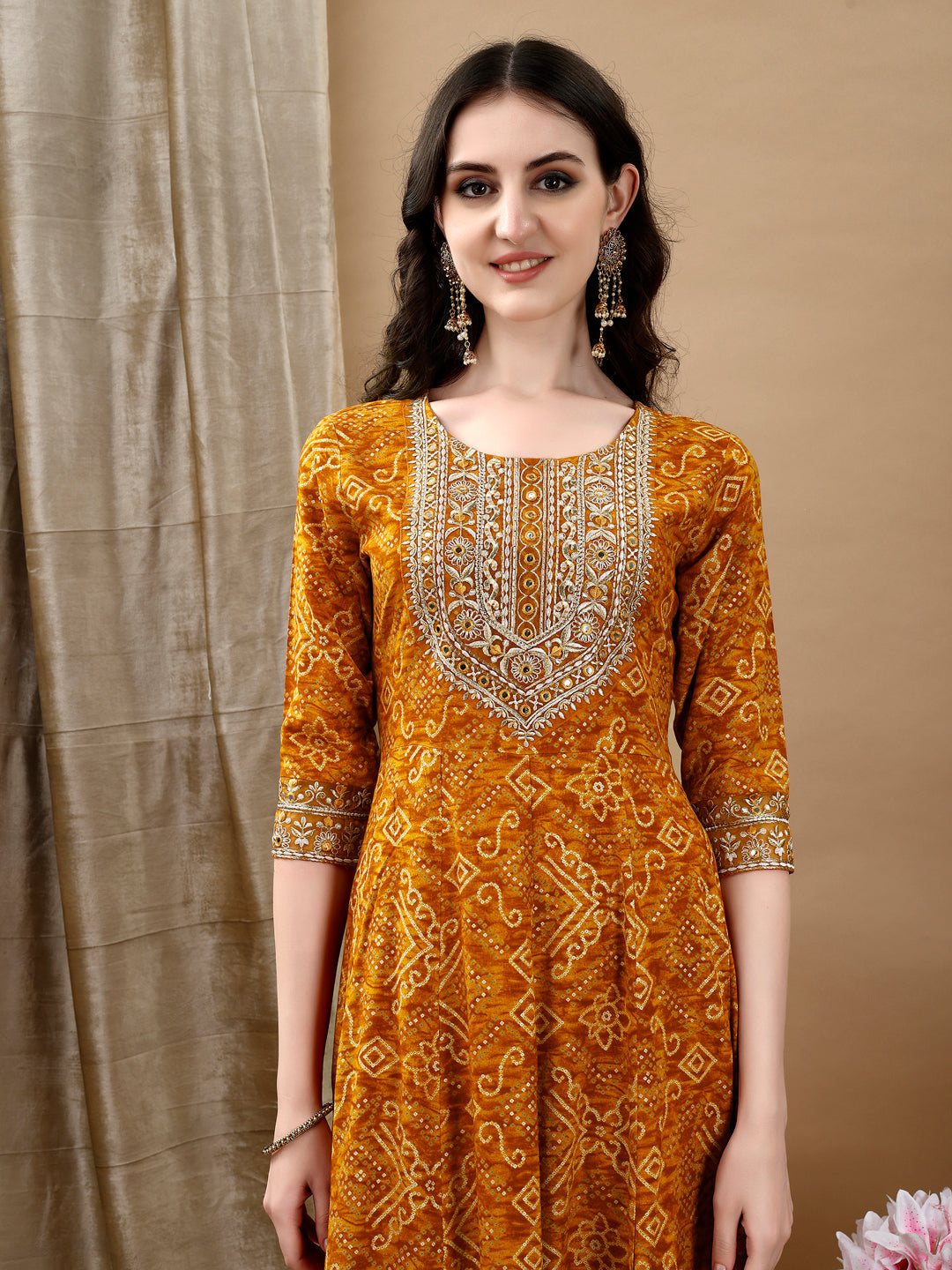 Embroidered & Bandhani Printed Flared Kurta With Pant & Printed Dupatta, Mustard - Hiral Fashion - Distacart