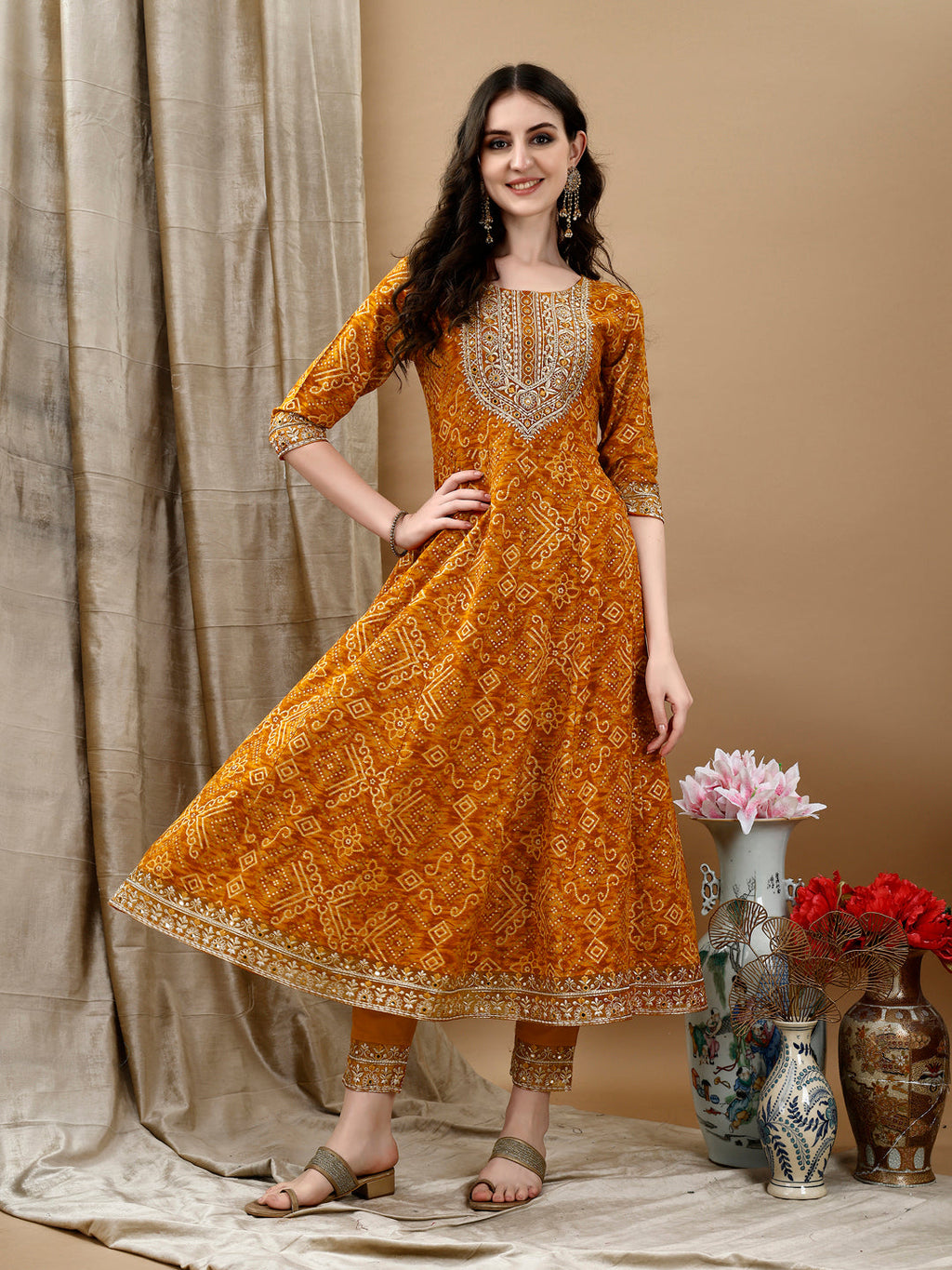 Embroidered & Bandhani Printed Flared Kurta With Pant & Printed Dupatta, Mustard - Hiral Fashion - Distacart