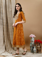 Embroidered & Bandhani Printed Flared Kurta With Pant & Printed Dupatta, Mustard - Hiral Fashion - Distacart