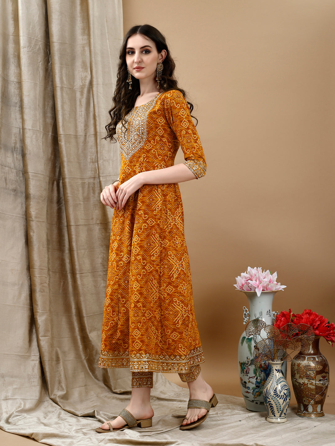 Embroidered & Bandhani Printed Flared Kurta With Pant & Printed Dupatta, Mustard - Hiral Fashion - Distacart