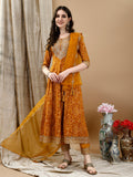 Embroidered & Bandhani Printed Flared Kurta With Pant & Printed Dupatta, Mustard - Hiral Fashion - Distacart