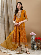Embroidered & Bandhani Printed Flared Kurta With Pant & Printed Dupatta, Mustard - Hiral Fashion - Distacart