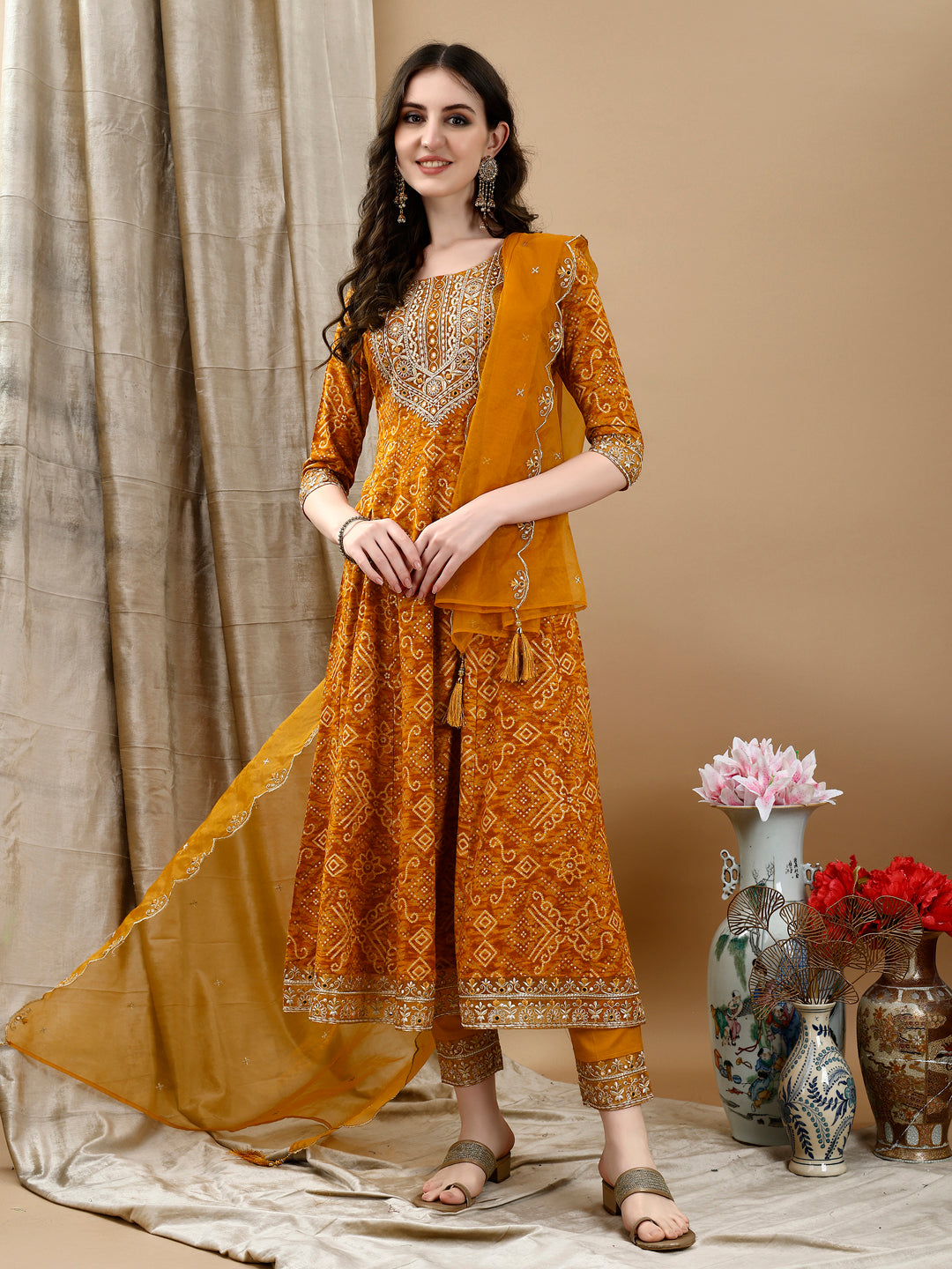 Embroidered & Bandhani Printed Flared Kurta With Pant & Printed Dupatta, Mustard - Hiral Fashion - Distacart