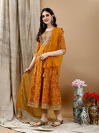 Embroidered & Bandhani Printed Flared Kurta With Pant & Printed Dupatta, Mustard - Hiral Fashion - Distacart