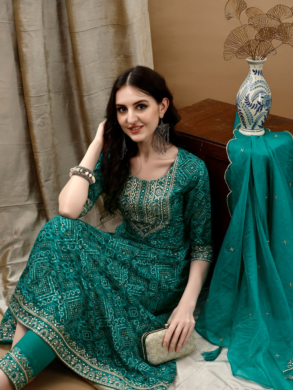 Embroidered & Bandhani Printed Flared Kurta With Pant & Printed Dupatta, Green - Hiral Fashion - Distacart