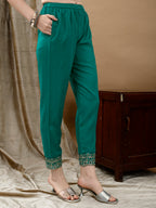 Embroidered & Bandhani Printed Flared Kurta With Pant & Printed Dupatta, Green - Hiral Fashion - Distacart