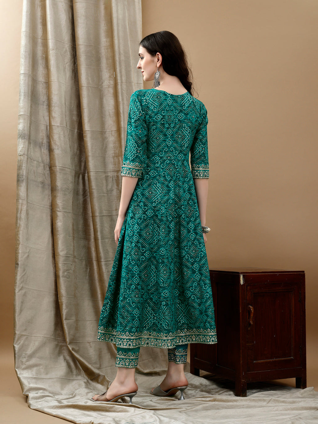 Embroidered & Bandhani Printed Flared Kurta With Pant & Printed Dupatta, Green - Hiral Fashion - Distacart
