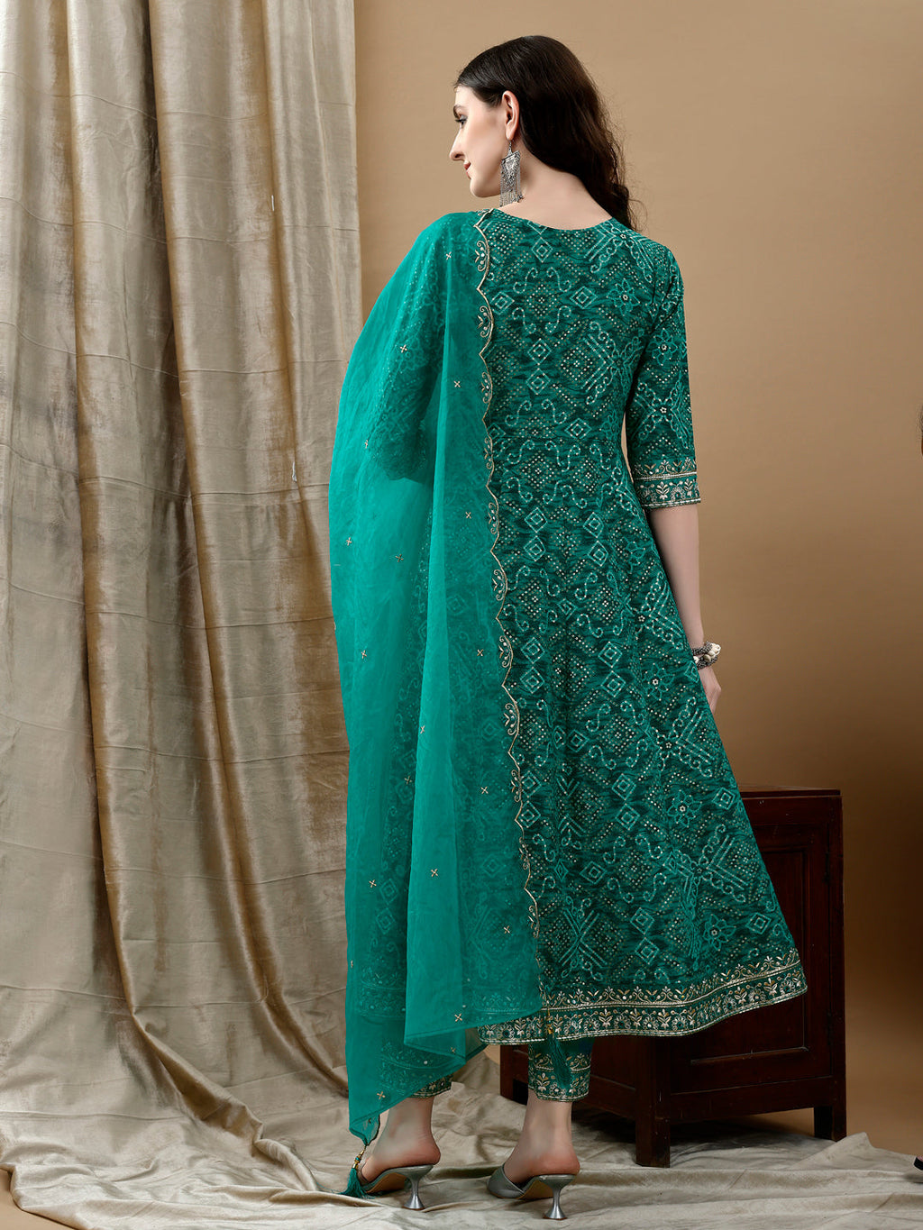 Embroidered & Bandhani Printed Flared Kurta With Pant & Printed Dupatta, Green - Hiral Fashion - Distacart