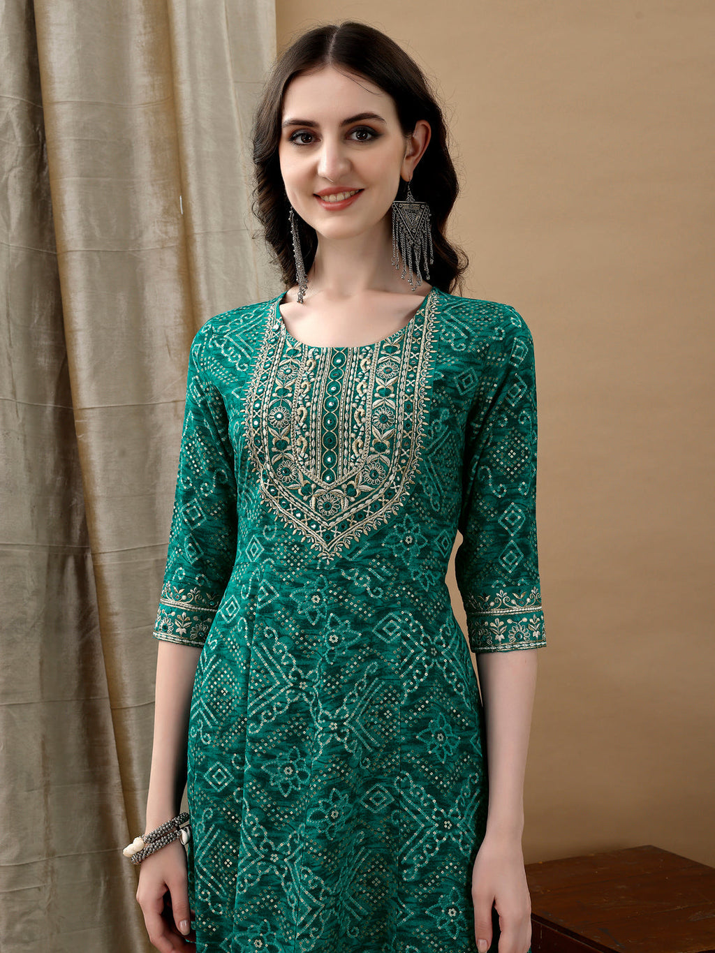 Embroidered & Bandhani Printed Flared Kurta With Pant & Printed Dupatta, Green - Hiral Fashion - Distacart