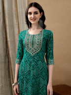 Embroidered & Bandhani Printed Flared Kurta With Pant & Printed Dupatta, Green - Hiral Fashion - Distacart