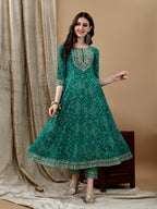 Embroidered & Bandhani Printed Flared Kurta With Pant & Printed Dupatta, Green - Hiral Fashion - Distacart