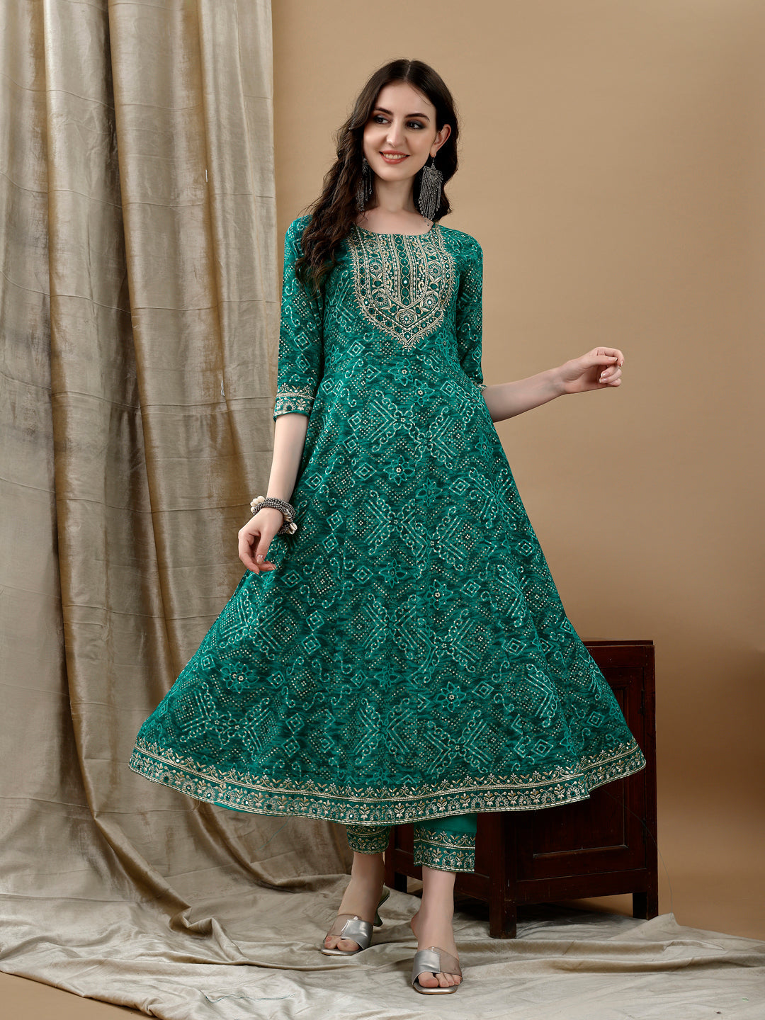 Embroidered & Bandhani Printed Flared Kurta With Pant & Printed Dupatta, Green - Hiral Fashion - Distacart