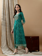 Embroidered & Bandhani Printed Flared Kurta With Pant & Printed Dupatta, Green - Hiral Fashion - Distacart