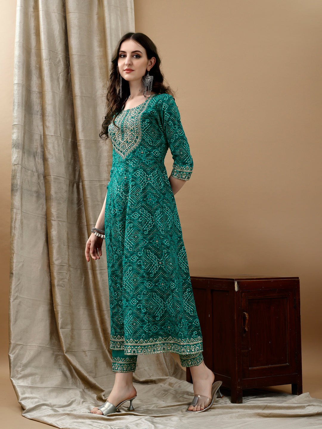 Embroidered & Bandhani Printed Flared Kurta With Pant & Printed Dupatta, Green - Hiral Fashion - Distacart