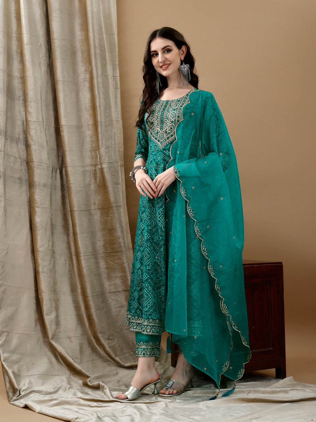 Embroidered & Bandhani Printed Flared Kurta With Pant & Printed Dupatta, Green - Hiral Fashion - Distacart