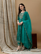 Embroidered & Bandhani Printed Flared Kurta With Pant & Printed Dupatta, Green - Hiral Fashion - Distacart