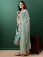 Embroidered & Floral Printed Flared Kurta With Pant & Dupatta, Blue - Hiral Fashion - Distacart