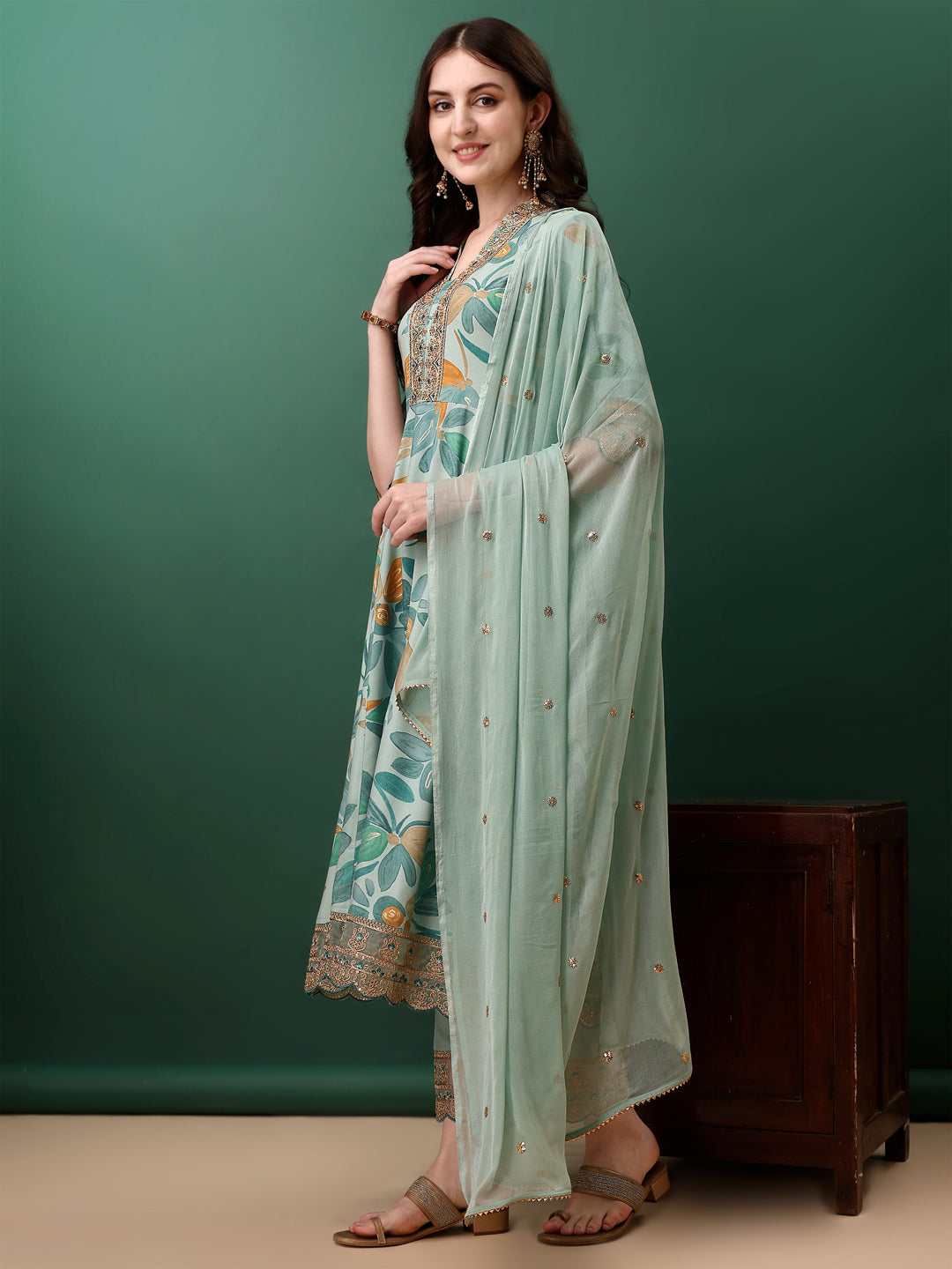 Embroidered & Floral Printed Flared Kurta With Pant & Dupatta, Blue - Hiral Fashion - Distacart