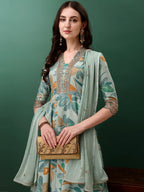 Embroidered & Floral Printed Flared Kurta With Pant & Dupatta, Blue - Hiral Fashion - Distacart