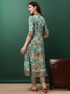 Embroidered & Floral Printed Flared Kurta With Pant & Dupatta, Blue - Hiral Fashion - Distacart