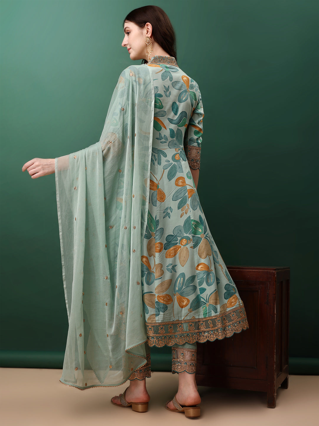 Embroidered & Floral Printed Flared Kurta With Pant & Dupatta, Blue - Hiral Fashion - Distacart
