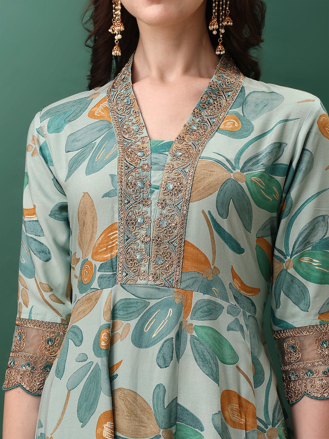 Embroidered & Floral Printed Flared Kurta With Pant & Dupatta, Blue - Hiral Fashion - Distacart