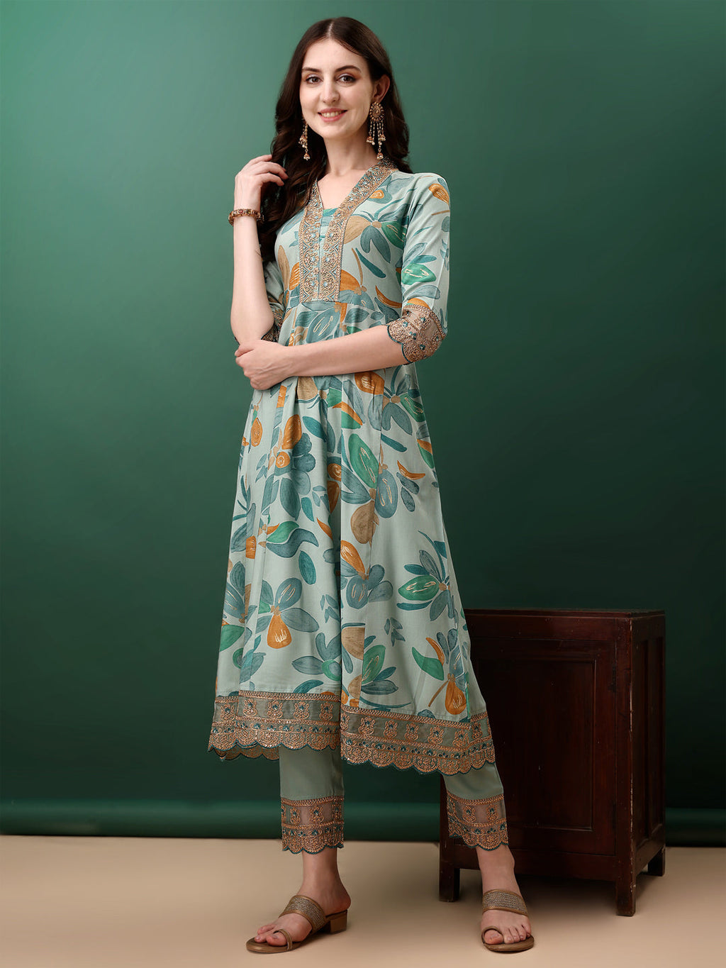 Embroidered & Floral Printed Flared Kurta With Pant & Dupatta, Blue - Hiral Fashion - Distacart
