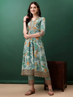 Embroidered & Floral Printed Flared Kurta With Pant & Dupatta, Blue - Hiral Fashion - Distacart