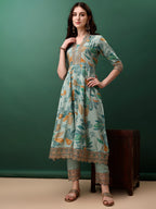 Embroidered & Floral Printed Flared Kurta With Pant & Dupatta, Blue - Hiral Fashion - Distacart