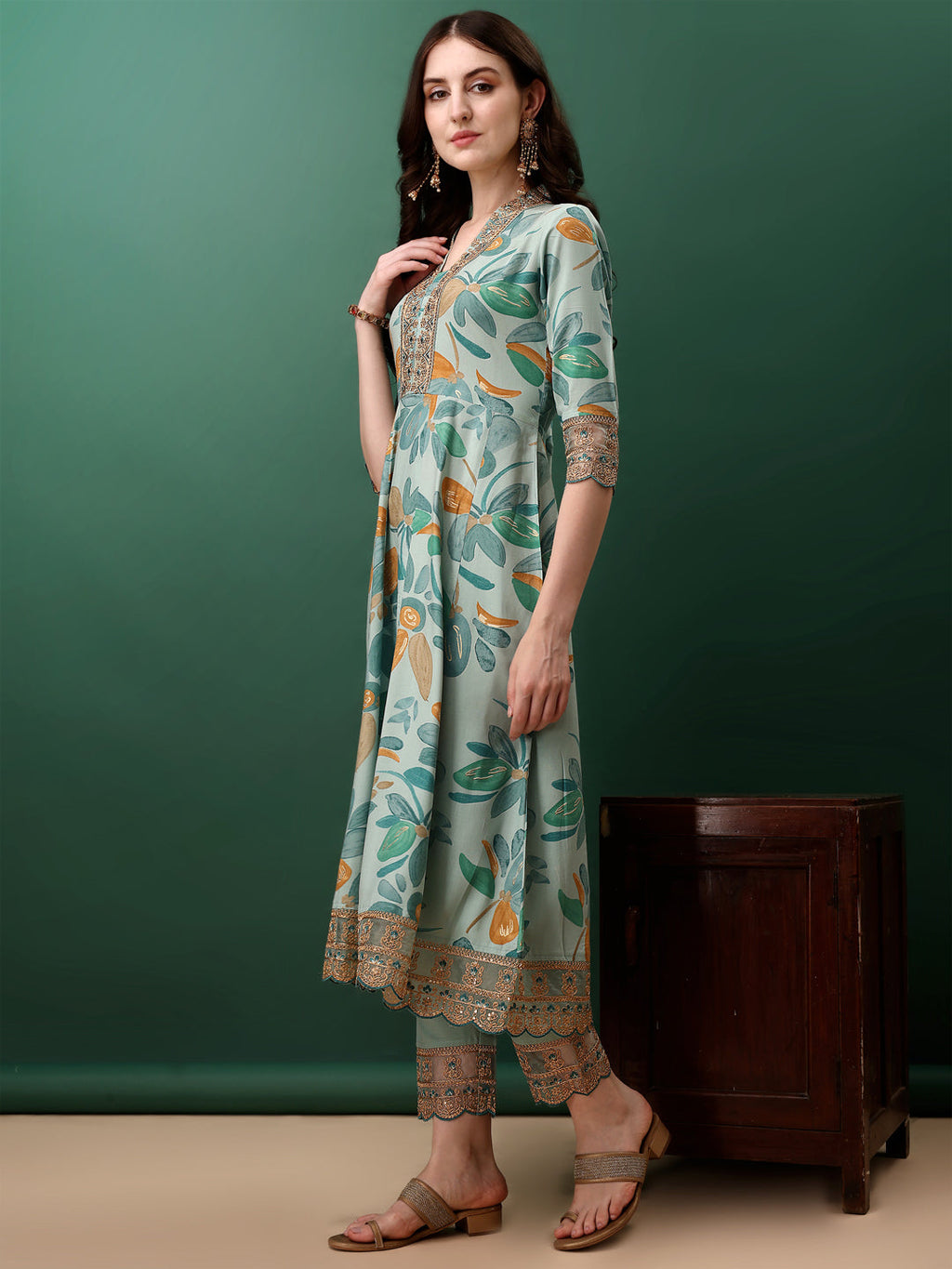 Embroidered & Floral Printed Flared Kurta With Pant & Dupatta, Blue - Hiral Fashion - Distacart