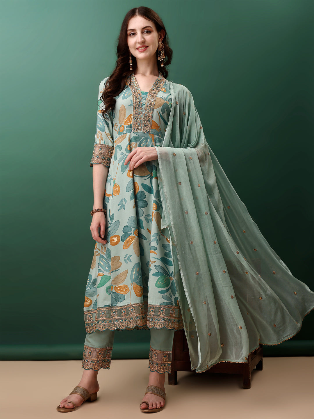Embroidered & Floral Printed Flared Kurta With Pant & Dupatta, Blue - Hiral Fashion - Distacart