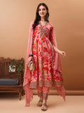 Embroidered & Floral Printed Flared Kurta With Pant & Dupatta, Pink - Hiral Fashion