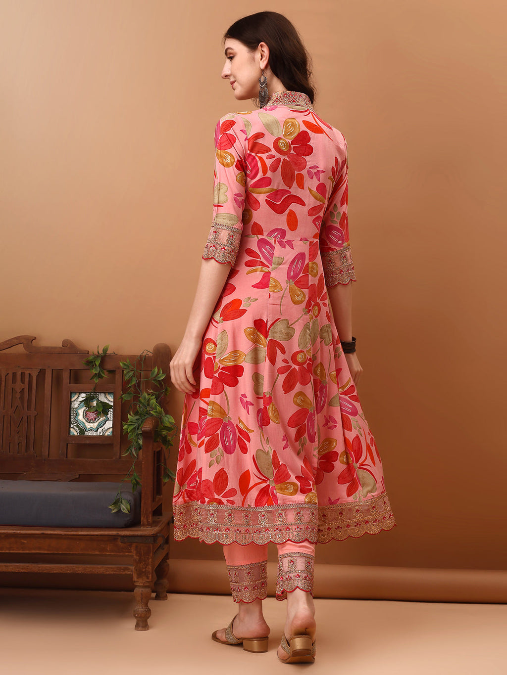 Embroidered & Floral Printed Flared Kurta With Pant & Dupatta, Pink - Hiral Fashion