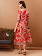 Embroidered & Floral Printed Flared Kurta With Pant & Dupatta, Pink - Hiral Fashion