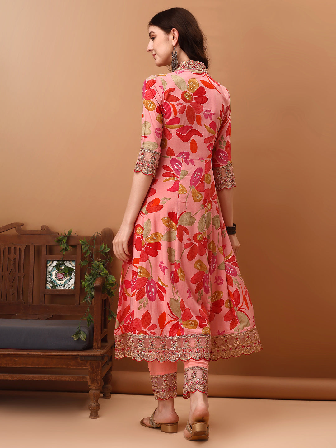 Embroidered & Floral Printed Flared Kurta With Pant & Dupatta, Pink - Hiral Fashion