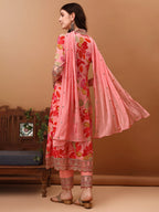 Embroidered & Floral Printed Flared Kurta With Pant & Dupatta, Pink - Hiral Fashion