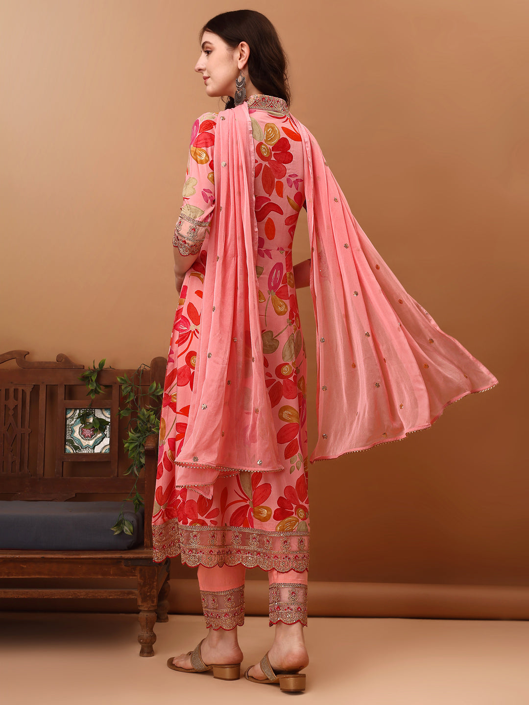 Embroidered & Floral Printed Flared Kurta With Pant & Dupatta, Pink - Hiral Fashion