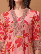 Embroidered & Floral Printed Flared Kurta With Pant & Dupatta, Pink - Hiral Fashion