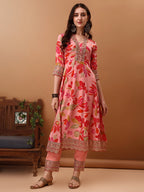 Embroidered & Floral Printed Flared Kurta With Pant & Dupatta, Pink - Hiral Fashion