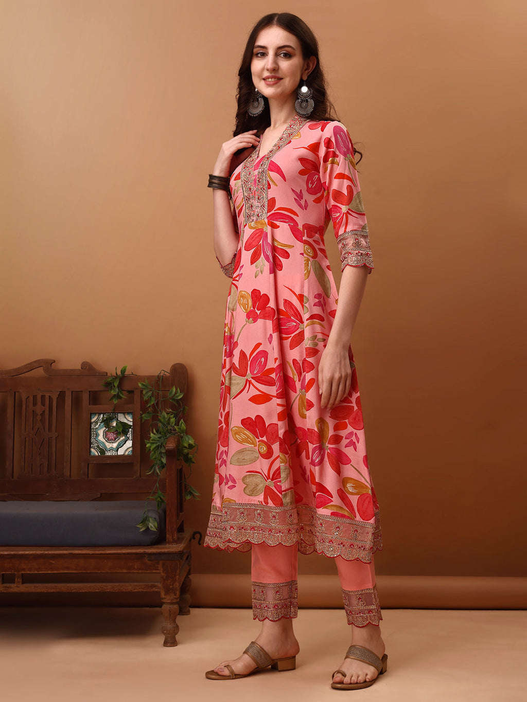 Embroidered & Floral Printed Flared Kurta With Pant & Dupatta, Pink - Hiral Fashion