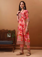 Embroidered & Floral Printed Flared Kurta With Pant & Dupatta, Pink - Hiral Fashion