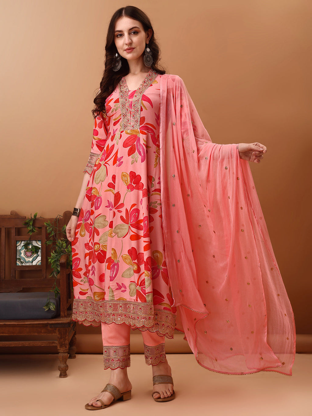 Embroidered & Floral Printed Flared Kurta With Pant & Dupatta, Pink - Hiral Fashion
