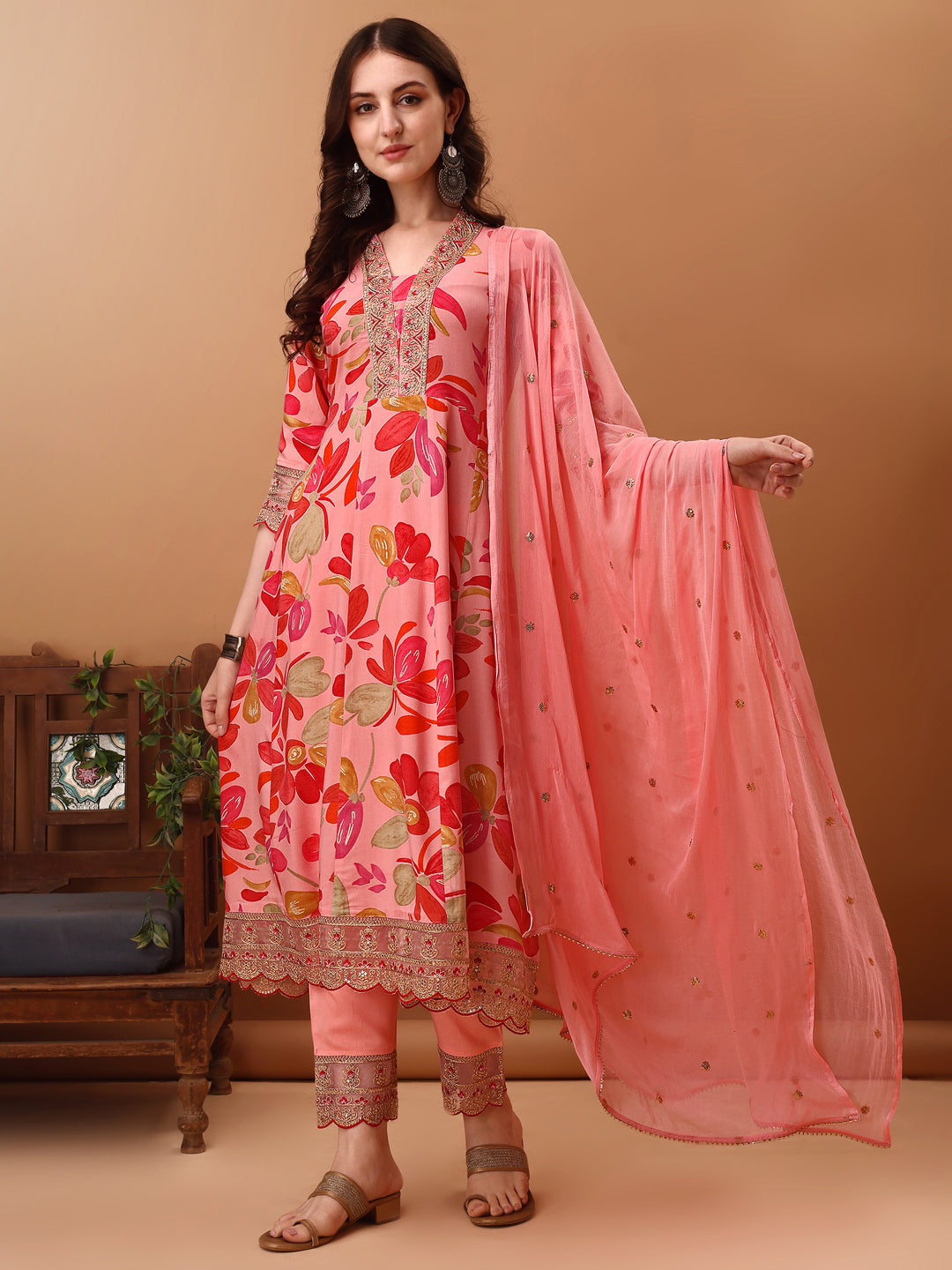 Embroidered & Floral Printed Flared Kurta With Pant & Dupatta, Pink - Hiral Fashion