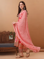 Embroidered & Floral Printed Flared Kurta With Pant & Dupatta, Pink - Hiral Fashion